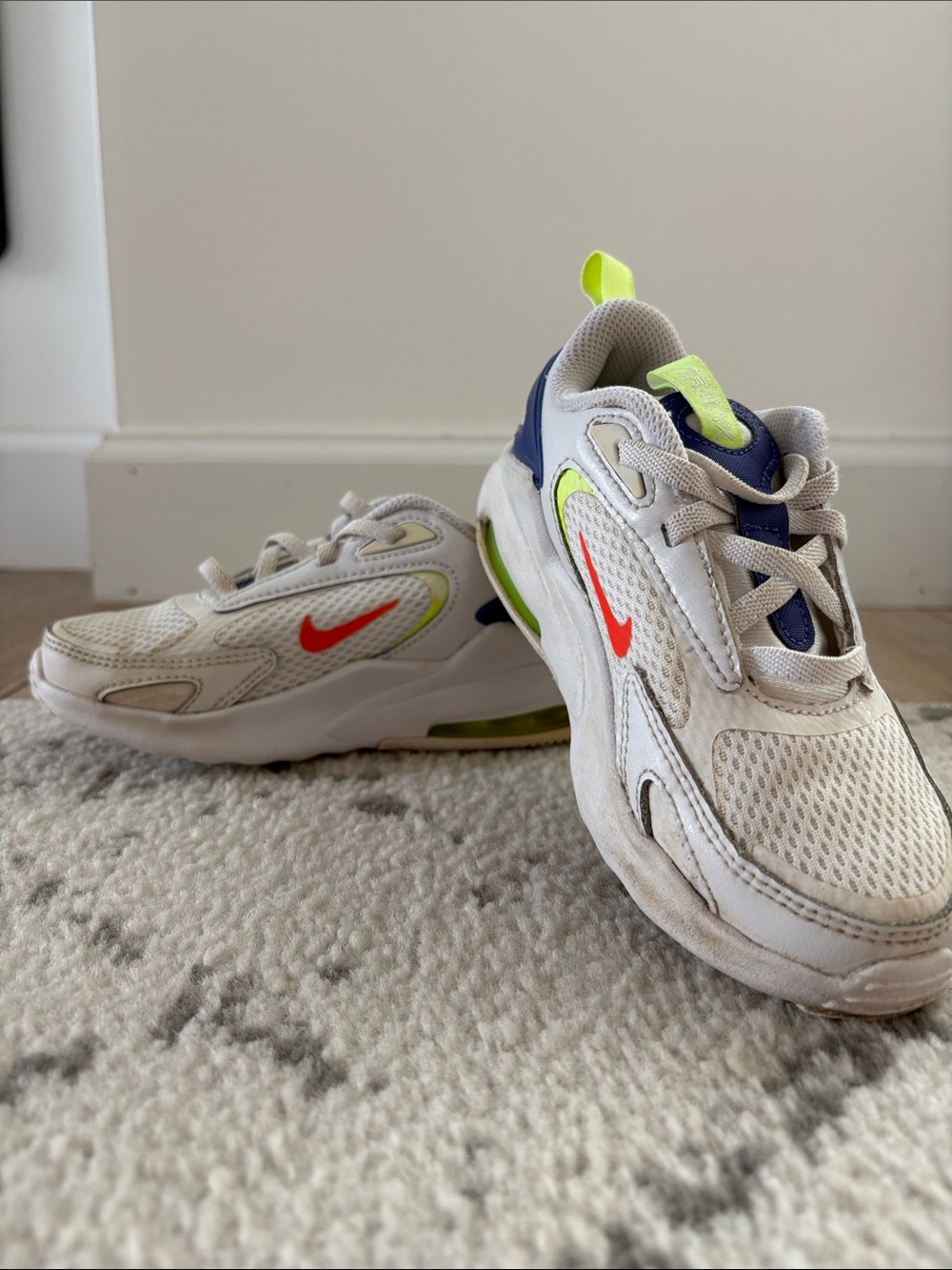 Nike Kids White Sneakers with Neon Orange and Lime Accents